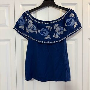 Blue Off-Shoulder Mexican Embroidered Women's Top